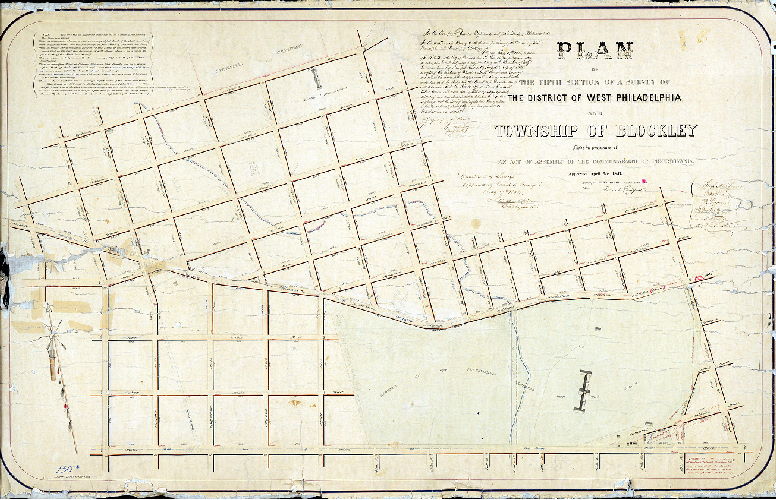 Plan (alternate image), Plan of the Fifth Section of a survey of the District of West Philadelphia and Township of Blockley. [Act of Assembly April 3, 1851; surveyed Dec. 29, 1855; approved by Board of Surveyors May 17, 1858; confirmed by Court July 17, 1858] 