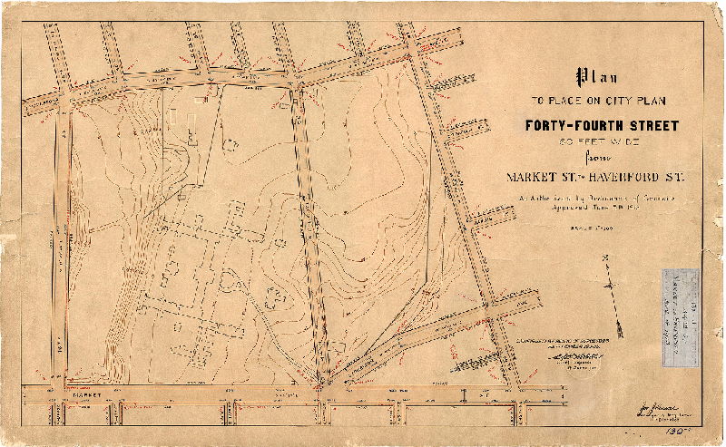 Plan, Plan to place on city plan Forty-fourth Street 60 feet wide from Market St. to Haverford St. [Ordinance June 5, 1913; confirmed Sept. 29, 1913]