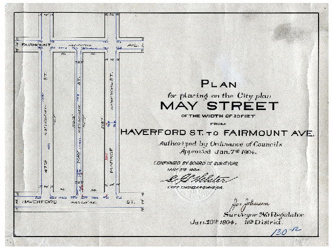Plan, Plan for placing on the City Plan May Street of the width of 30 feet from Haverford St. to Fairmount Ave. [Ordinance Jan. 7, 1904; confirmed May 2, 1904]