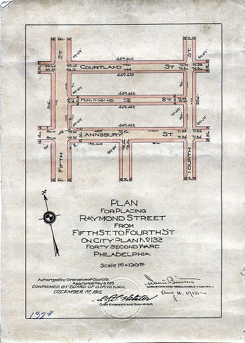 Plan, Plan for placing Raymond Street from Fifth St. to Fourth St. on City Plan No. 132, Forty-second Ward Philadelphia. [Ordinance May 13, 1913; survey returned Aug. 11, 1913; confirmed Dec. 1, 1913]