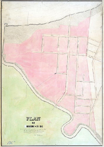 Plan (alternate image), Plan of Bridesburg showing the curb regulations as approved by the Borough Council January 1854. Curb heights made to correspond to the City base in 1856. Isaac Shallcross, Sur. 10th dist.