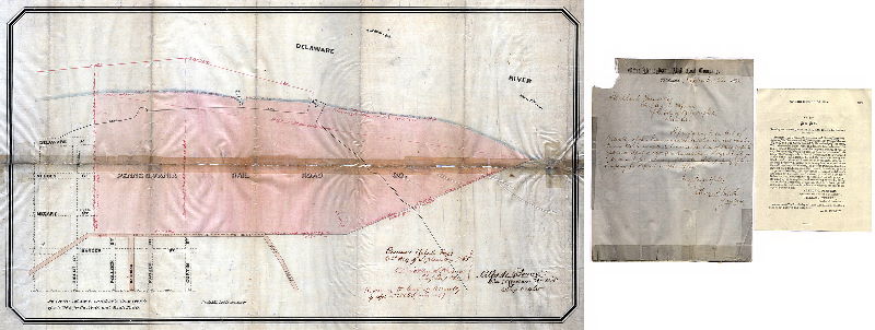 Plan, [No title. Pennsylvania Railroad property at Greenwich Point, South Philadelphia. Attachments: Act of Assembly No. 805, April 4, 1865, and accompanying letter]