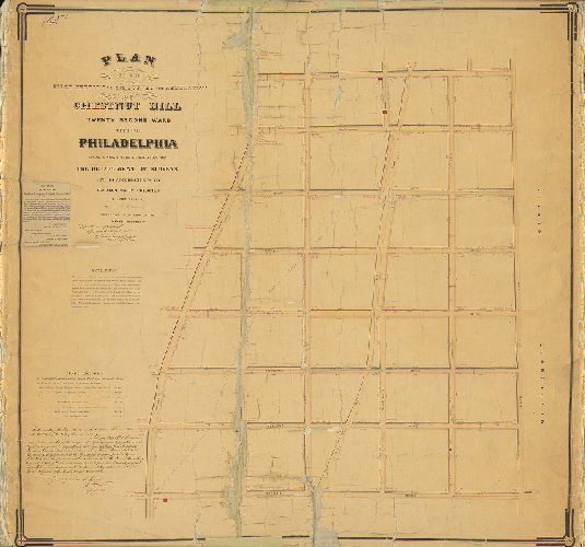 Plan, Plan of the First Section of the survey and regulation of Chestnut Hill, Twenty-second Ward, City of Philadelphia. [Resolution, April 28, 1857; approved May 3, 1858; confirmed by Court July 17, 1858]
