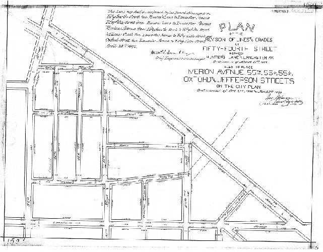 Plan, Plan of revision of lines and grades of Fifty-fourth Street between Hunter's Lane and Lancaster Av.; also to place Merion Avenue, 55th, 55-1/4, 55-1/2, Oxford and Jefferson Streets on the City Plan [Ordinances 1889 and 1890; Survey returned 1890; confirmed 1890]