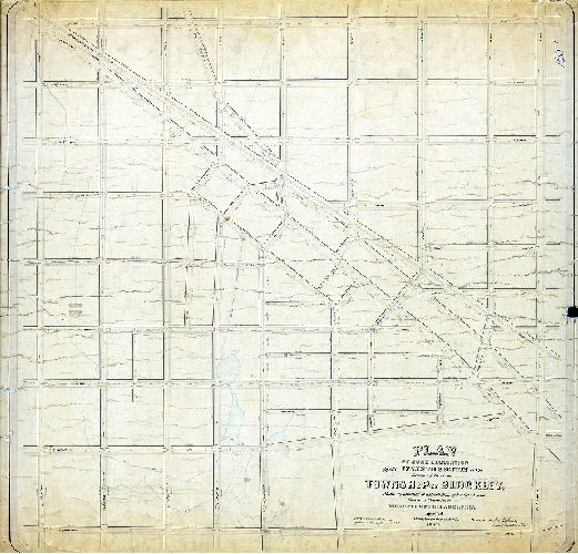 Plan (alternate image), Plan of curb regulation of the Seventh Section of the survey of the late Township of Blockley made by direction of a resolution of the Select and Common Councils of the City of Philadelphia approved the eighteenth day of April A.D. 1863. 