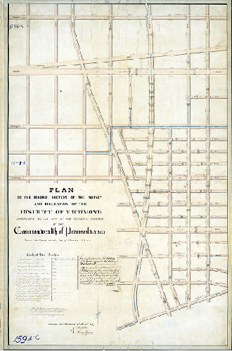 Plan (alternate image), Plan of the Second Section of the survey and regulation of the District of Richmond agreeably to an Act of the General Assembly of the Commonwealth of Pennsylvania passed the twenty-seventh day of February A.D. 1847. Surveyed and returned 12th mo 31st 1847 By Joseph Fox, Henry Haines [Confirmed June 23, 1848]