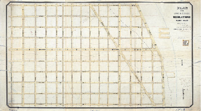 Plan (alternate image), Plan of the line and grade regulations, First Ward Section No. 5, by Alfred Young [Ordinance Sept. 27, 1861; approved by Board of Surveyors Dec. 27, 1865; confirmed by Court March 29, 1866]