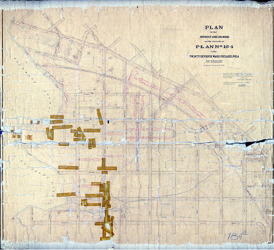 Plan (alternate image), Plan of the revision of lines and grades on the streets of Plan No. 184 in the Twenty-seventh Ward Philadelphia, with topography. [Ordinance 1888; confirmed 1894 and 1895. 184_CP is derived from this, and includes more information with less loss of information]