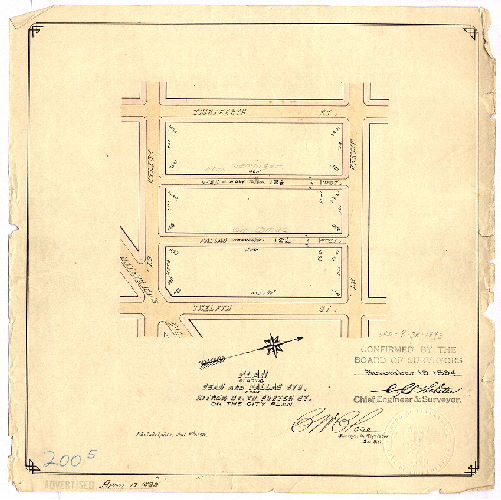 Plan, Plan placing Dean [now Iseminger] and Pallas [now Camac] Sts. from Ritner St. to Porter St. upon the City Plan. [Ordinance March 30, 1893; survey returned April 7, 1893; confirmed Nov. 19, 1894]