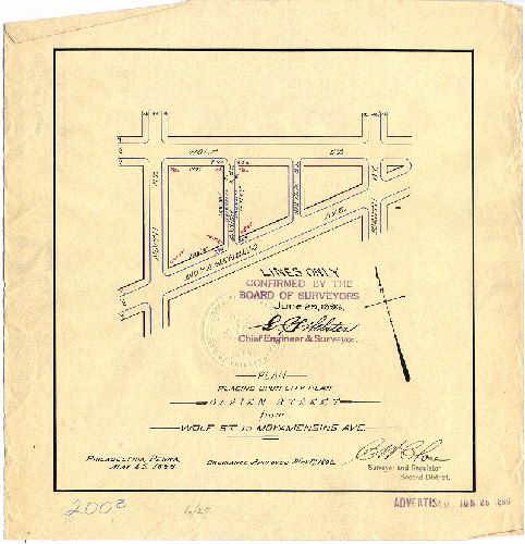 Plan, Plan placing upon City Plan Darien Street from Wolf St. to Moyamensing Ave. [Ordinance May 19, 1896; surveyed May 25, 1896; confirmed June 29, 1896]