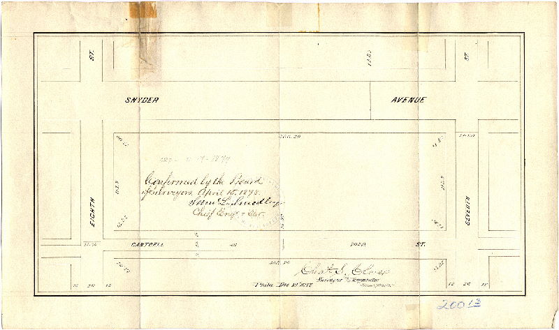 Plan, [No title. Cantrell Street between 7th and 8th Sts. Ordinance Nov. 17, 1877; survey returned Dec. 21, 1877; confirmed April 15, 1878]