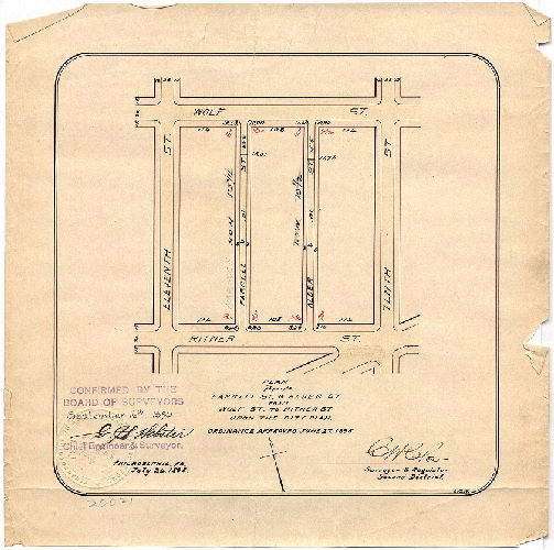 Plan, Plan placing Farrell St. & Alder St. from Wolf St. to Ritner St. upon the City Plan. [Ordinance June 27, 1895; survey returned July 24, 1895; confirmed Sept. 16, 1895] 