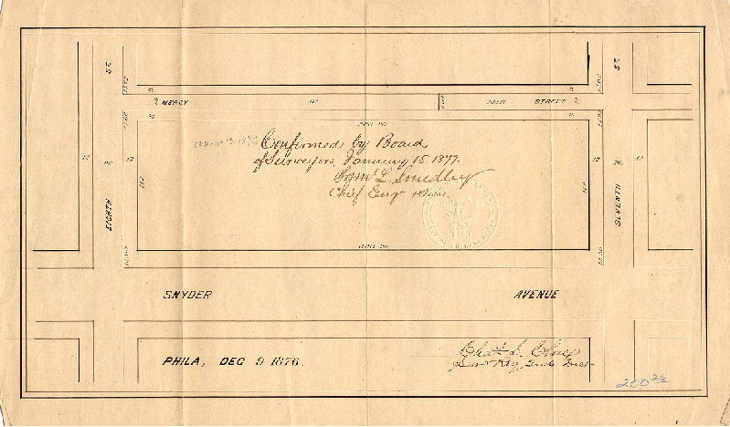 Plan, [No title. Mercy Street, from Seventh to Eighth Streets. Ordinance Nov. 13, 1876; confirmed Jan 15, 1877]