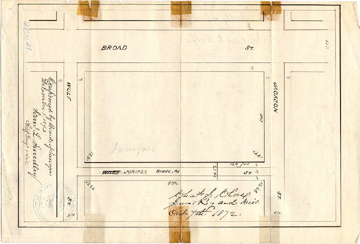 Plan, [No title. Watt (Juniper) Street from Jackson to Wolf Sts. Survey returned Oct. 7, 1872; confirmed Dec. 1, 1873]