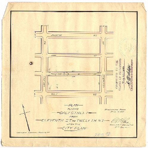Plan, Plan placing Daly Street from Eleventh St. to Twelfth St. upon the City Plan [Ordinance March 30, 1895; survey returned April 10, 1895; confirmed May 20, 1895] 
