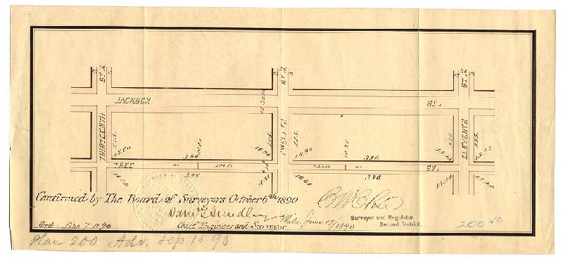 Plan, [No title. Tree Street, Eleventh to Thirteenth Streets. Ordinance April 7, 1890; survey returned June 17, 1890; confirmed Oct. 6, 1890]