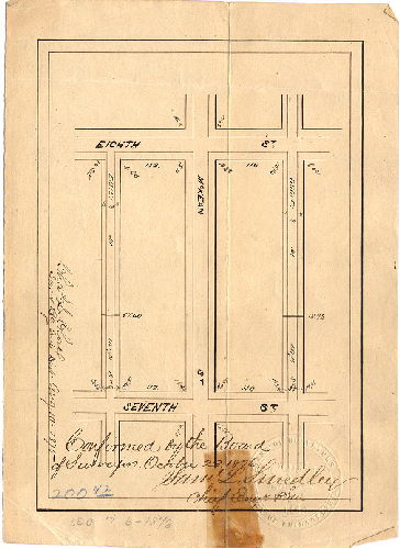 Plan, [No title. Emily and Dudley Streets between Seventh and Eighth Streets. Survey returned Aug. 10, 1875; ordinance July 6, 1876; confirmed Oct. 23, 1876]
