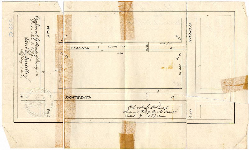 Plan, [No title. Clarion St. from Jackson to Wolf Sts. Survey returned Oct. 7, 1872; confirmed Dec. 1, 1873]