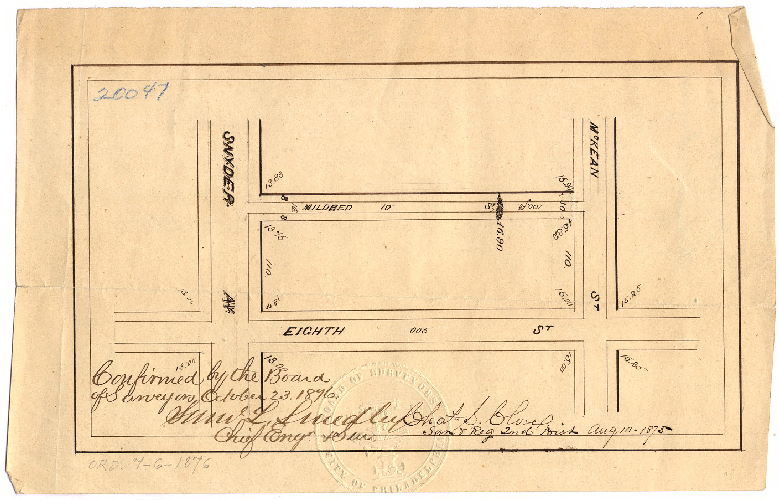 Plan, Mildred Street, McKean St. to Snyder Ave. Survey returned Aug. 10, 1875; ordinance July 6, 1876; confirmed Oct. 23, 1876]