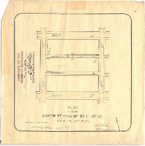 Plan, Plan placing Durfor St. from 12th to 13th St. upon the City Plan. [Ordinance March 30, 1895; survey returned April 8, 1895; confirmed May 20, 1895] 