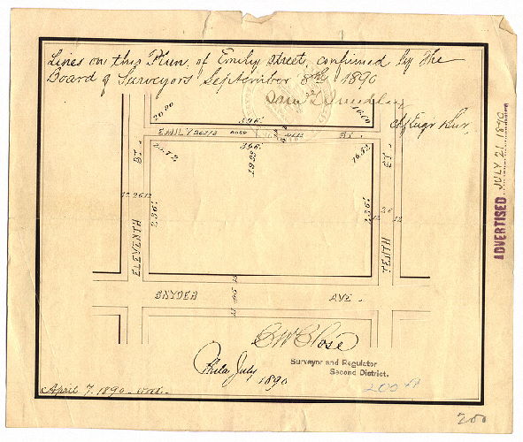Plan, [No title. Emily Street, Tenth to Eleventh Streets. Ordinance April 7, 1890; survey returned July 1890; confirmed Sept. 8, 1890]