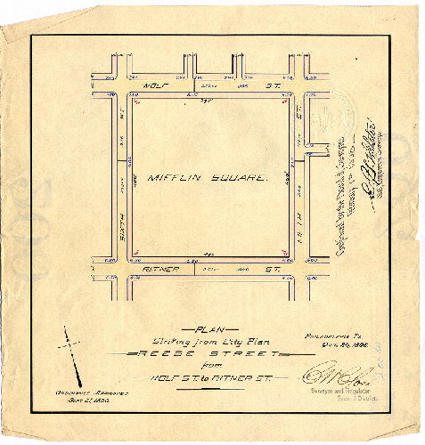 Plan, Plan striking from City Plan Reese Street from Wolf St. to Ritner St. [Ordinance Sept. 21, 1896; survey returned Oct. 24, 1896; confirmed Feb. 7, 1898] 