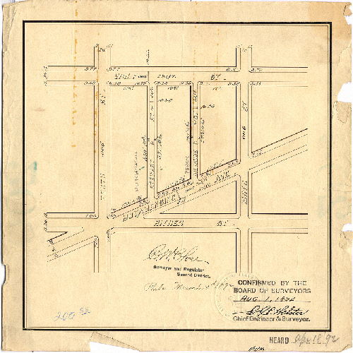 Plan, [No title. Stewart St. and Dilmore St., between Moyamensing Ave. and Wolf St. Survey returned March 10, 1892; confirmed Aug. 1, 1892] 