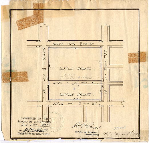 Plan, [No title. Probably Reese St. between Ritner St. and Wolf St. Survey returned March 8, 1892; confirmed Oct. 3, 1892. Pencil notes indicate ordinances striking the street from the city plan, as it would have cut off a section of Mifflin Square] 