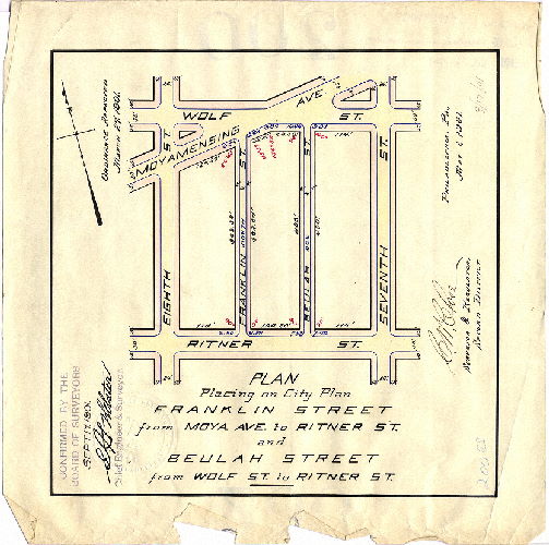 Plan, Plan placing on City Plan Franklin Street from Moyamensing Ave. to Ritner St. and Beulah Street from Wolf St. to Ritner St. [Ordinance March 27, 1901; survey returned May 1, 1901; confirmed Sept. 17, 1901] 