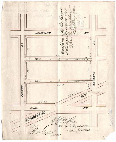 Plan, [No title. Daly and Tree Sts. from Seventh to Eighth Sts. Survey returned Sept. 1, 1885; confirmed Oct. 21, 1885]