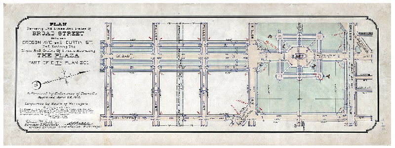 Plan, Plan revising the lines and grades of Broad Street between Oregon Ave. and Curtin St. and revising the lines and grades of streets bounding The Plaza. Part of City Plan 201. [Ordinance April 29, 1913; confirmed Aug. 11, 1913]