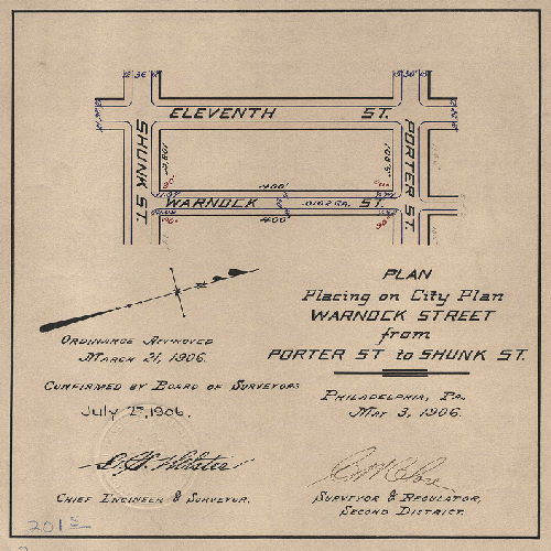 Plan, Plan for placing on City Plan Warnock Street from Porter St. to Shunk St. [Ordinance March 21, 1906; survey returned May 3, 1906; confirmed July 2, 1906]