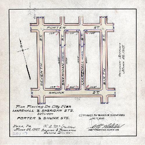 Plan, Plan for placing on City Plan Marshall & Sheridan Sts. from Porter St. to Shunk St. [Ordinance March 20, 1907; survey returned March 28, 1907; confirmed June 17, 1907]