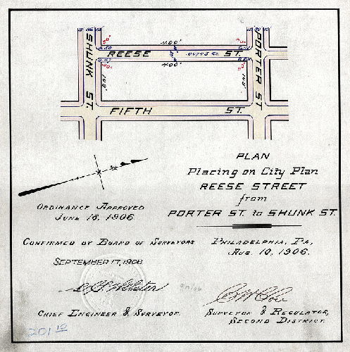 Plan, Plan placing on city plan Reese Street from Porter St. to Shunk St. [Ordinance June 18, 1906; survey returned Aug. 10, 1906; confirmed Sept. 17, 1906]