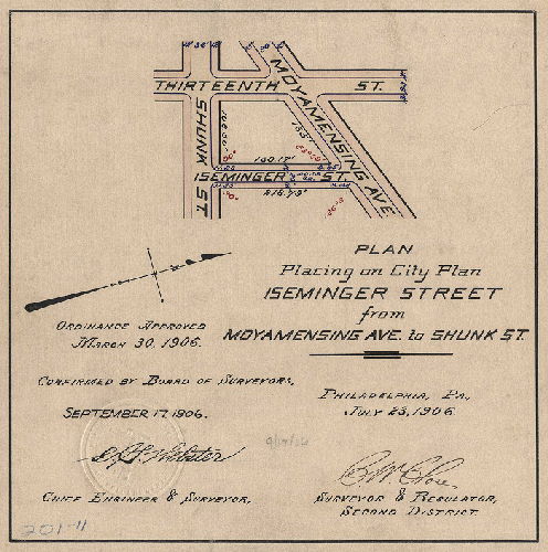 Plan, Plan for placing on City Plan Iseminger Street from Moyamensing Ave. to Shunk St. [Ordinance March 30, 1906; survey returned July 23, 1906; confirmed Sept. 17, 1906]