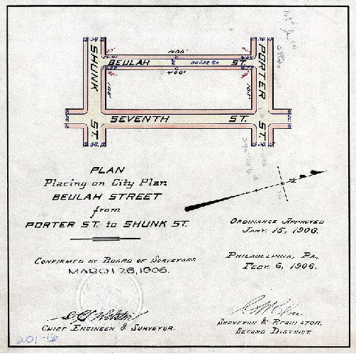 Plan, Plan for placing on City Plan Beulah Street from Porter St. to Shunk St. [Ordinance Jan. 15, 1906; survey returned Feb. 6, 1906; confirmed March 26, 1906]