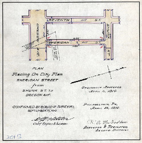 Plan, Plan placing on City Plan Sheridan Street from Shunk St. to Oregon Ave. [Ordinance April 4, 1910; survey returned April 28, 1910; confirmed Sept. 19, 1910]