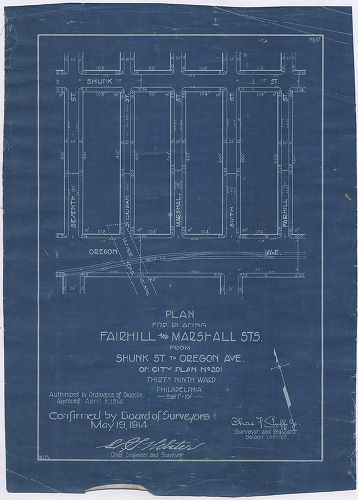 Plan, Plan for placing Fairhill & Marshall Sts. from Shunk St. to Oregon Ave. on City Plan No. 201. Thirty-ninth Ward Philadelphia. [Ordinance April 9, 1914; confirmed May 19, 1914.]