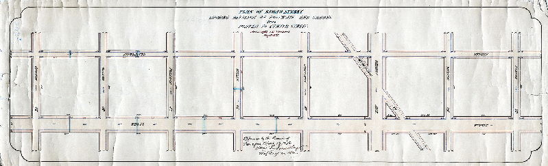 Plan, Plan of Broad Street showing revision of footways and grades from Porter to Curtin Street. Authorized by Councils May 19, 1873. [Approved by Board of Surveyors April 17, 1876]