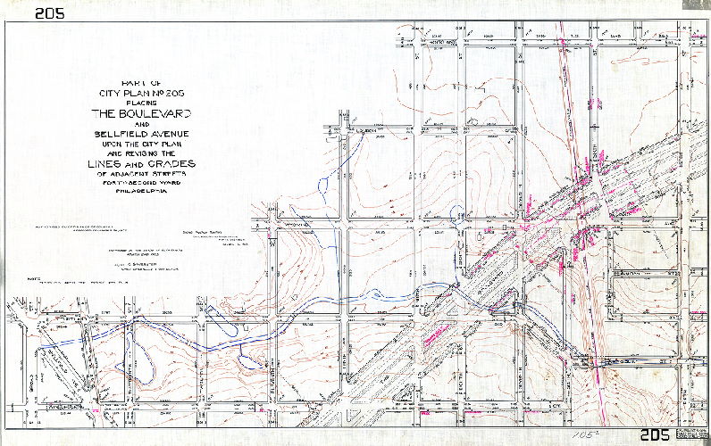 Plan, Part of City Plan No. 205 placing the Boulevard and Bellfield [Belfield] Avenue upon the City Plan and revising the lines and grades of adjacent streets. Forty-second Ward, Philadelphia. [Ordinance Dec. 24, 1902; survey returned and confirmed March 2, 1903]