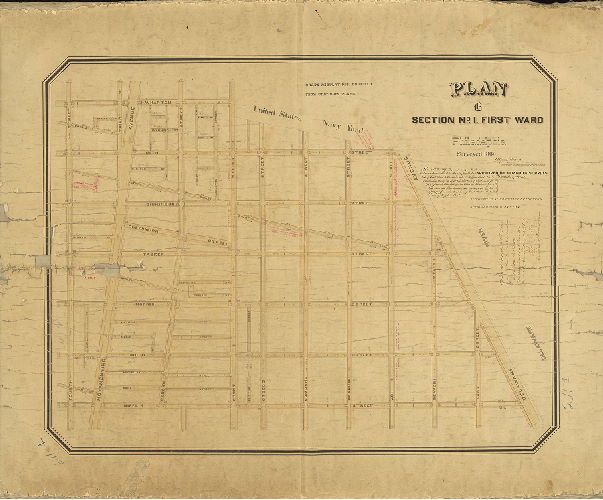 Plan, Plan B, Section No. 1, First Ward, Philadelphia. Surveyed 1865. [Ordinance of Councils, March 24, 1864; approved by Board of Surveyors Dec. 27, 1865]