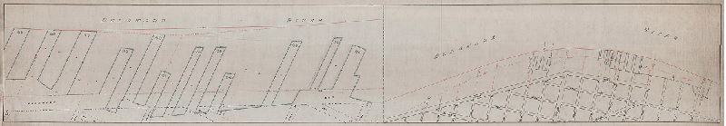 Plan, [No title. Delaware River front, wharves 55 to 69 in South Philadelphia]