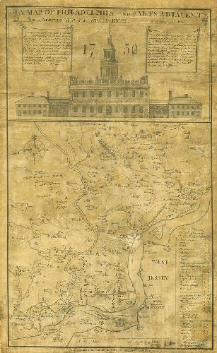 A Map of Philadelphia and Parts Adjacent with a Perspective View of the State-House, 1750 - Republished April 1850, by David Lobach, Lobachsville, Berks Co., PA