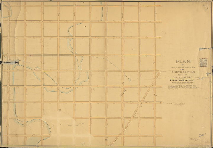 Plan, Plan of line and grade regulations of Eighth Section of the Twenty-third Ward Philadelphia, prepared in accordance with an ordinance of Councils approved February 16, 1869. [Attachment: 1871 newspaper notice for plan]