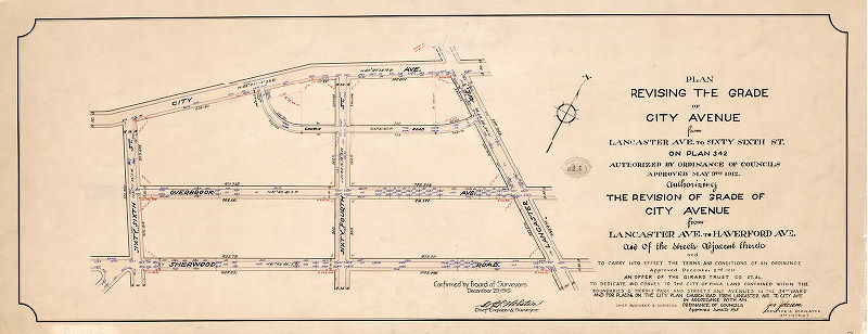Plan, Plan revising the grade of City Avenue from Lancaster Ave. to Sixty-sixth St. on Plan 342 [and] from Lancaster Ave. to Haverford Ave. ... to carry into effect the terms and conditions of ... an offer of the Girard Trust Co. et al. to dedicate and convey to the City of Phila. land contained within the boundaries of Morris Park ... and for placing on the City Plan Church Road [Ordinances Dec. 2, 1911, May 9, 1912, and June 21, 1915; confirmed Dec. 29, 1915] 