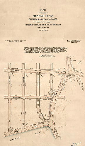 Plan, Plan of portion of City Plan No. 350 establishing lines and grades of territory bounded by Verree Ave., Tustin Ave., Tabor Ave. and Strahle St. Thirty-fifth Ward, Philadelphia [Ordinance July 20, 1907; survey returned Dec. 17, 1909; confirmed April 3, 1911]
