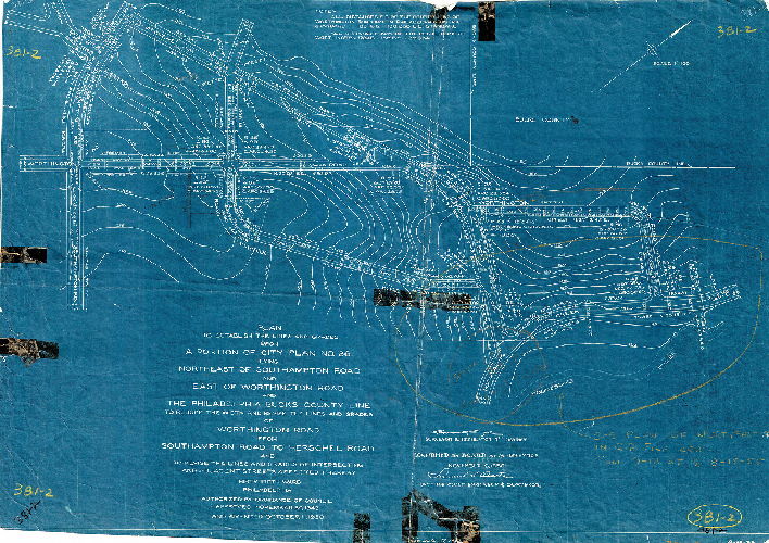 Plan, Plan to establish the lines and grades upon a portion of City Plan No. 381 lying northeast of Southampton Road and east of Worthington Road and the Philadelphia-Bucks County Line ... Thirty-Fifth Ward, Philadelphia [Ordinance Nov. 30, 1949; confirmed Nov. 6, 1950. Originally numbered P-16-33]