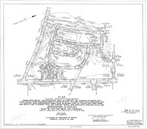 Plan, Plan placing upon City Plan No. 397 Templeton Drive, from Greenacres Road to a property line southwest of Inwood Lane, Kirby Drive, from Greenacres Road to Templeton Drive, Kipling Lane, from Greenacres Road to Templeton Drive, Greenacres Road, from Waldemire Drive to Kipling Lane, Kane Road, from Kipling Lane to Knights Road, and Kipling Place, from Greenacres Road and Kipling Lane southeastwardly to a dead end; and to place upon the City Plan a right-of-way for water pipe purposes from the dead end of Kipling Place to Knights Road. 58th Ward Philadelphia. [Ordinance Oct.24, 1958; survey returned Dec. 10, 1958; confirmed Feb. 2, 1959]