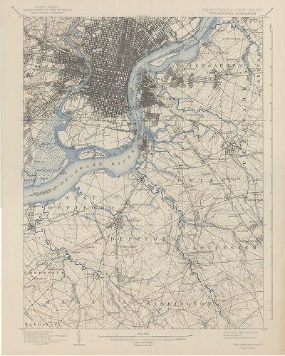 Plan, United States Department of the Interior Geological Survey. Pennsylvania - New Jersey. Philadelphia Quadrangle. Edition of April 1898, reprinted 1943. 