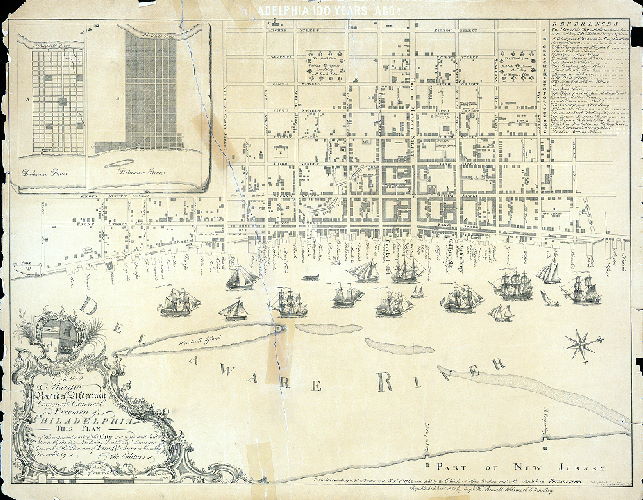 Plan (alternate image), Philadelphia 100 years ago. "To the Mayor Recorder Aldermen Common Council and Freemen of Philadelphia this plan of the improved part of the City surveyed and laid down by the late Nicholas Scull Esq. Surveyor General of the Province of Pennsylvania is humbly inscribed by the Editors. [November 1858 republication, from Joseph H. Bonsall and Samuel L. Smedley, of 1762 map by Matthew Clarkson and M. Biddle]